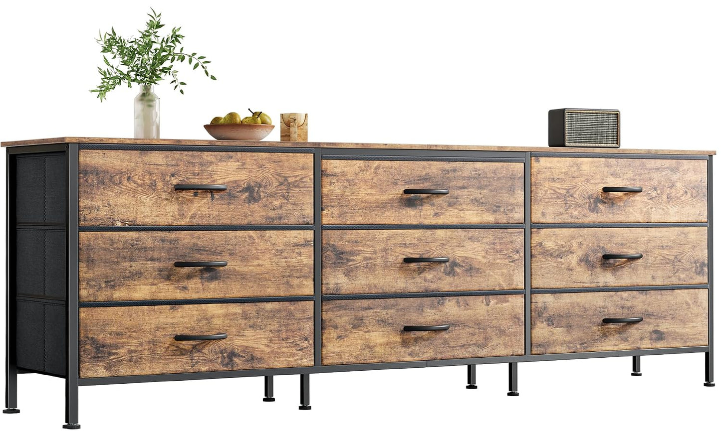 Huuger 63 Inch Dresser for Bedroom, Dresser for Closet with 9 Fabric Drawers, Large TV Stand for 55, 65, 70 Inch TV, Entertainment Center with Storage, Wide Long Chest of Drawers, Rustic Brown