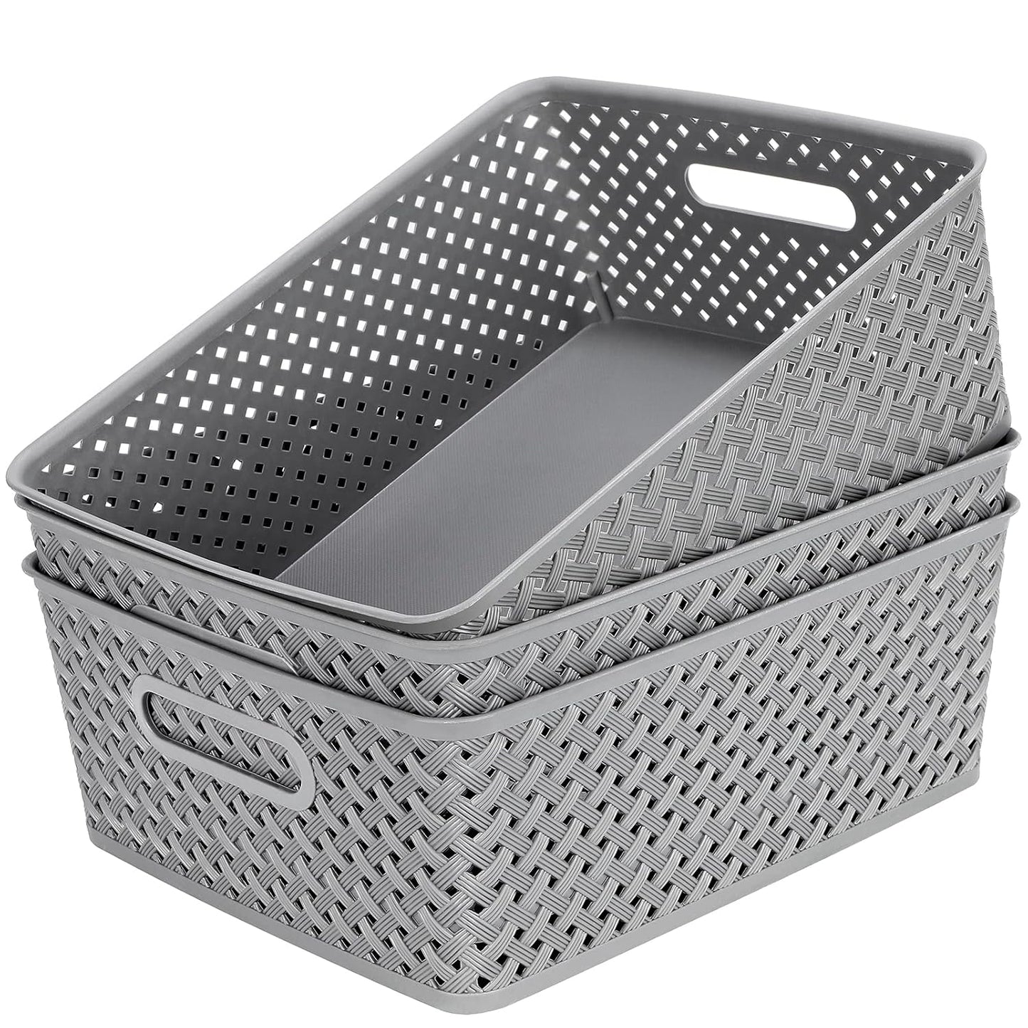 MaxGear 3 Pack Plastic Storage Baskets, Large, Grey | Durable Woven Plastic with Built-In Handles, Suitable for Shelves, Closets, Cabinets, Bathrooms and Offices