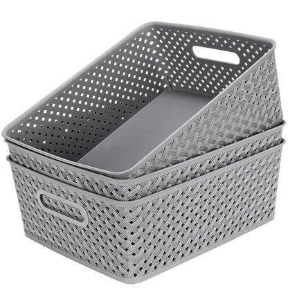 MaxGear 3 Pack Plastic Storage Baskets, Large, Grey | Durable Woven Plastic with Built-In Handles, Suitable for Shelves, Closets, Cabinets, Bathrooms and Offices