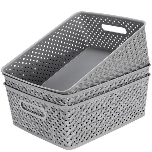 MaxGear 3 Pack Plastic Storage Baskets, Large, Grey | Durable Woven Plastic with Built-In Handles, Suitable for Shelves, Closets, Cabinets, Bathrooms and Offices