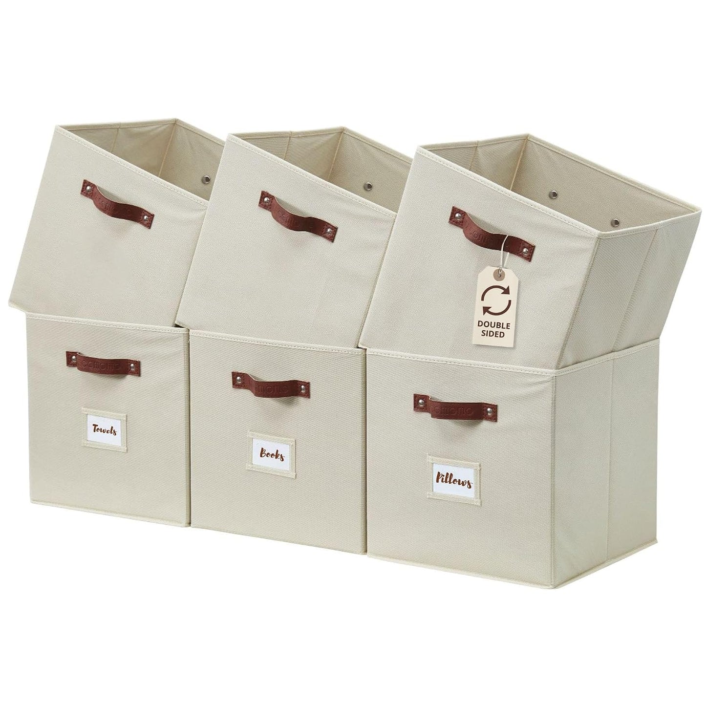 DECOMOMO Storage Bins, Cube Storage Bin with Labels | 10.5" x 11" Fabric Storage Cubes for Shelves (6pcs, Beige)