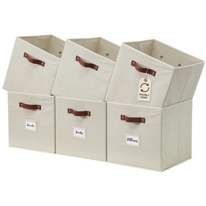 DECOMOMO Storage Bins, Cube Storage Bin with Labels | 10.5" x 11" Fabric Storage Cubes for Shelves (6pcs, Beige)