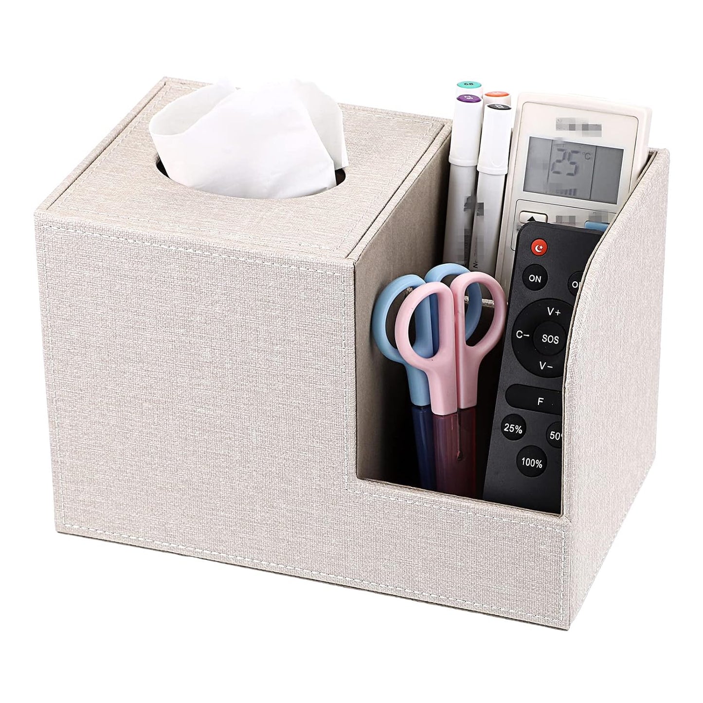 Sumnacon Square Linen Tissue Box Cover - Decorative Cube Tissue Box Holder with Side Organizer, Modern Tissue Box for Living Room Vanity Night Stand Table Countertop Office, Beige