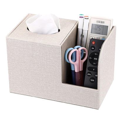 Sumnacon Square Linen Tissue Box Cover - Decorative Cube Tissue Box Holder with Side Organizer, Modern Tissue Box for Living Room Vanity Night Stand Table Countertop Office, Beige