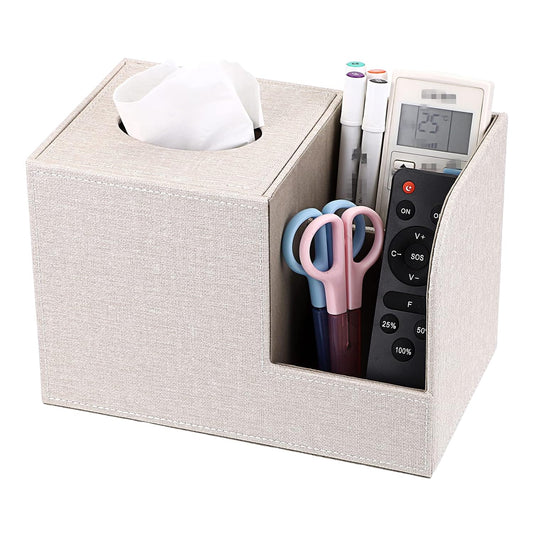 Sumnacon Square Linen Tissue Box Cover - Decorative Cube Tissue Box Holder with Side Organizer, Modern Tissue Box for Living Room Vanity Night Stand Table Countertop Office, Beige