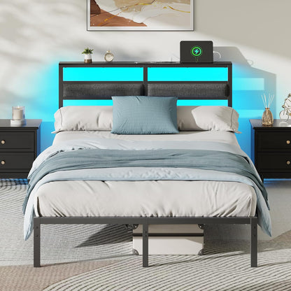 Full Size Bed Frame with LED Lights & Charging, Black Platform Bed
