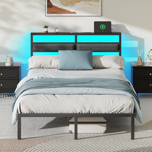 Full Size Bed Frame with LED Lights & Charging, Black Platform Bed
