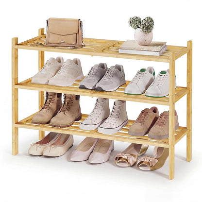 SONGMICS Bamboo Shoe Rack for Closet, Stackable Shoe Oragnizer with Modular Structure, Space-Saving Free Standing Shelf for Entryway Bedroom, 3-Tier, Holds 12-16 Pairs, Natural Color ULBS053YL01