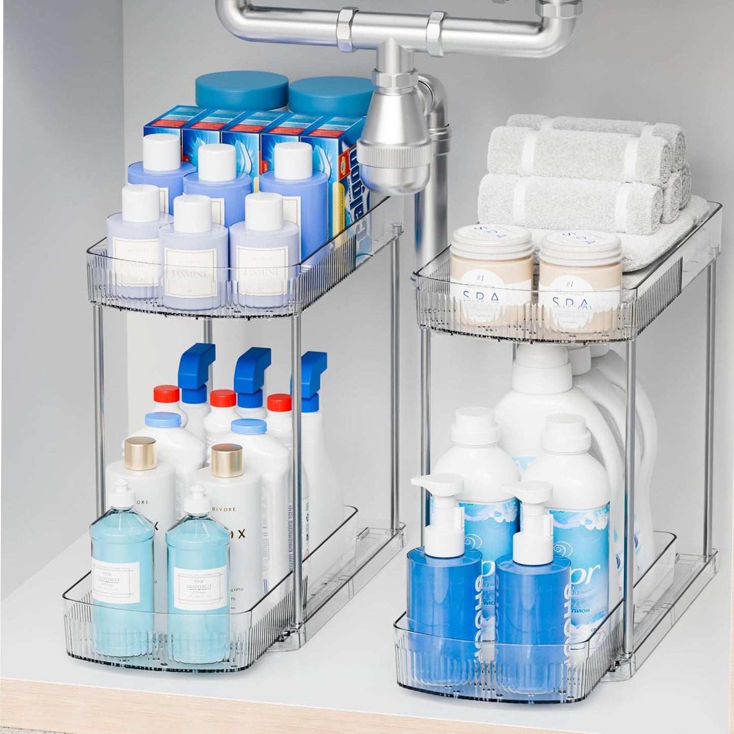 2 Pack Large Pull Out Bathroom Organizers and Storage,2 Tier 12.8″ Tall Sliding Kitchen Under Sink Organizer for Cleaning Products Storage,Acrylic Clear Bathroom inder Sink Organizer,Undersink Storage
