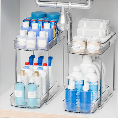 2 Pack Large Pull Out Bathroom Organizers and Storage,2 Tier 12.8″ Tall Sliding Kitchen Under Sink Organizer for Cleaning Products Storage,Acrylic Clear Bathroom inder Sink Organizer,Undersink Storage
