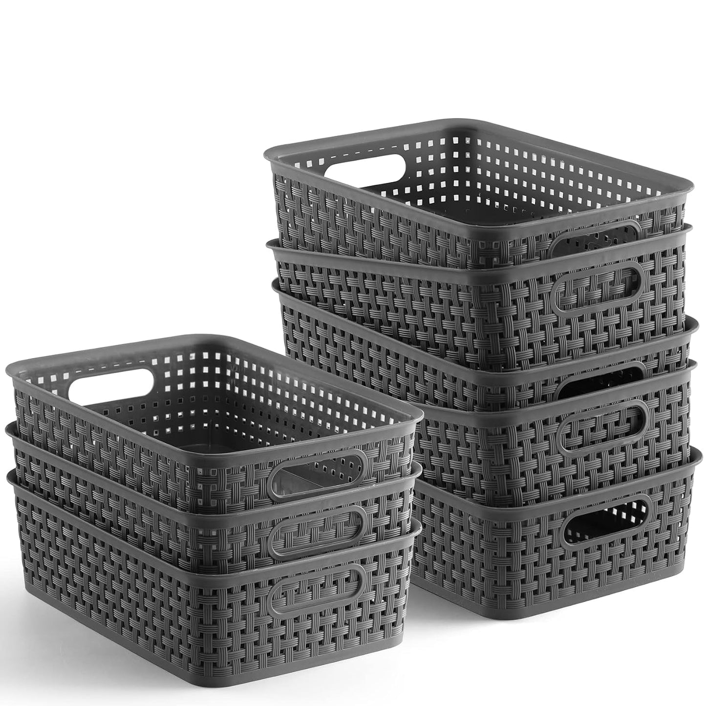 NETANY Plastic Storage Baskets - 8 Pack, Gray, Durable, Easy to Use, Flexible, Multi-Purpose, Ideal for Closets, Cabinets, Shelves, Countertops