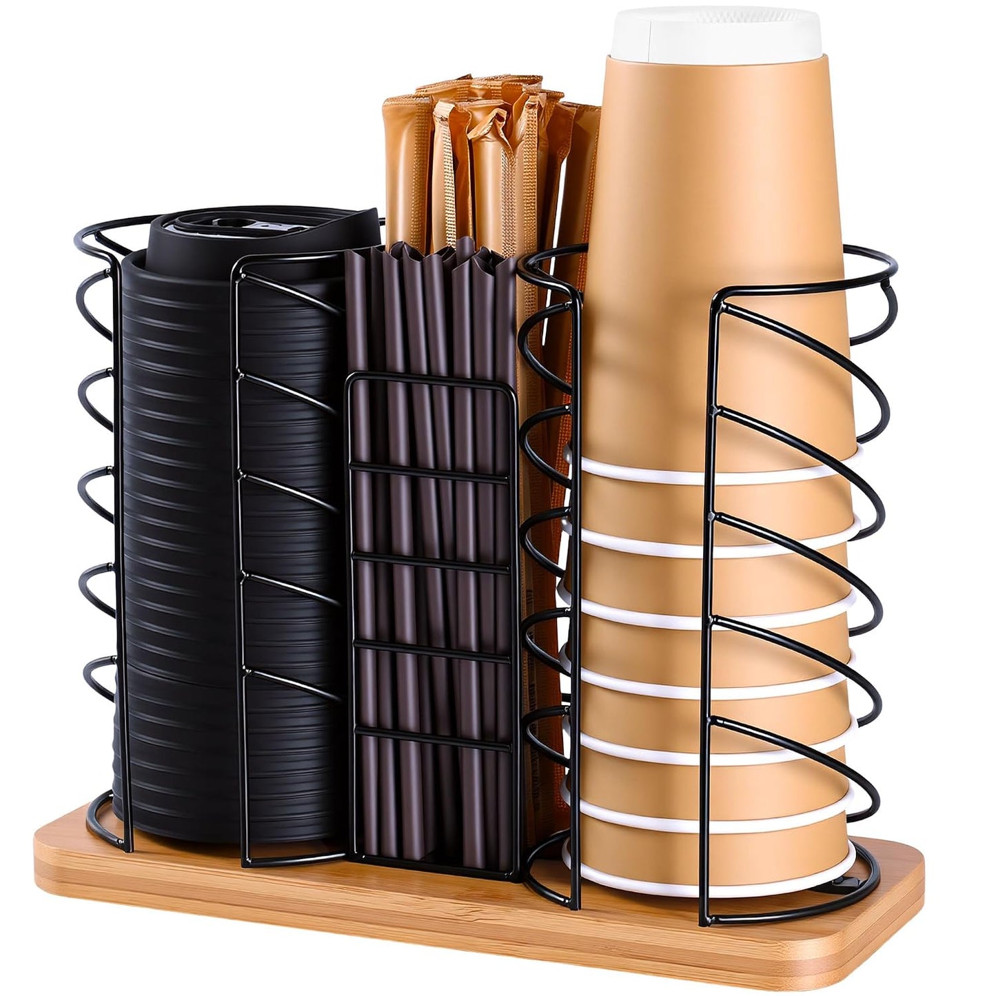 Coffee Station Organizer for Countertop, Cup and Lid Organizer with Straw Holder, 3 Section Disposable Cup Dispenser Rack with Bamboo Base for Office, Cafe, Kitchen, Break Room