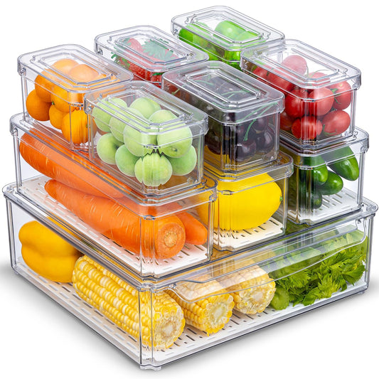 KUMD 10-Pack Clear Fridge Organizer Bins with Lids, Stackable Refrigerator Storage Containers, BPA-Free with Drain Tray & Anti-Slip Base for Fruits, Veggies, Drinks