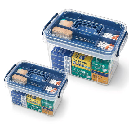 Pulseplay 2 Pack Clear Medicine Storage Box with Tray Portable Medicine Cabinet with Handle Multipurpose Plastic Storage Box First Aid Box Empty for Home and Travel