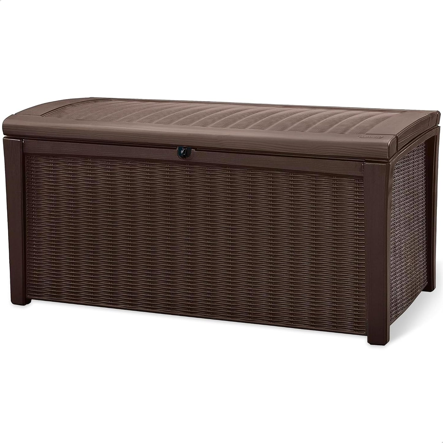 Keter Borneo 110 Gallon Resin Deck Box - Organization and Storage for Patio Furniture, Outdoor Cushions, Throw Pillows, Garden Tools and Pool Toys, Brown | for Patio, Backyard & Garden - Lockable, Organizing, and Waterproof Plastic Container Bench