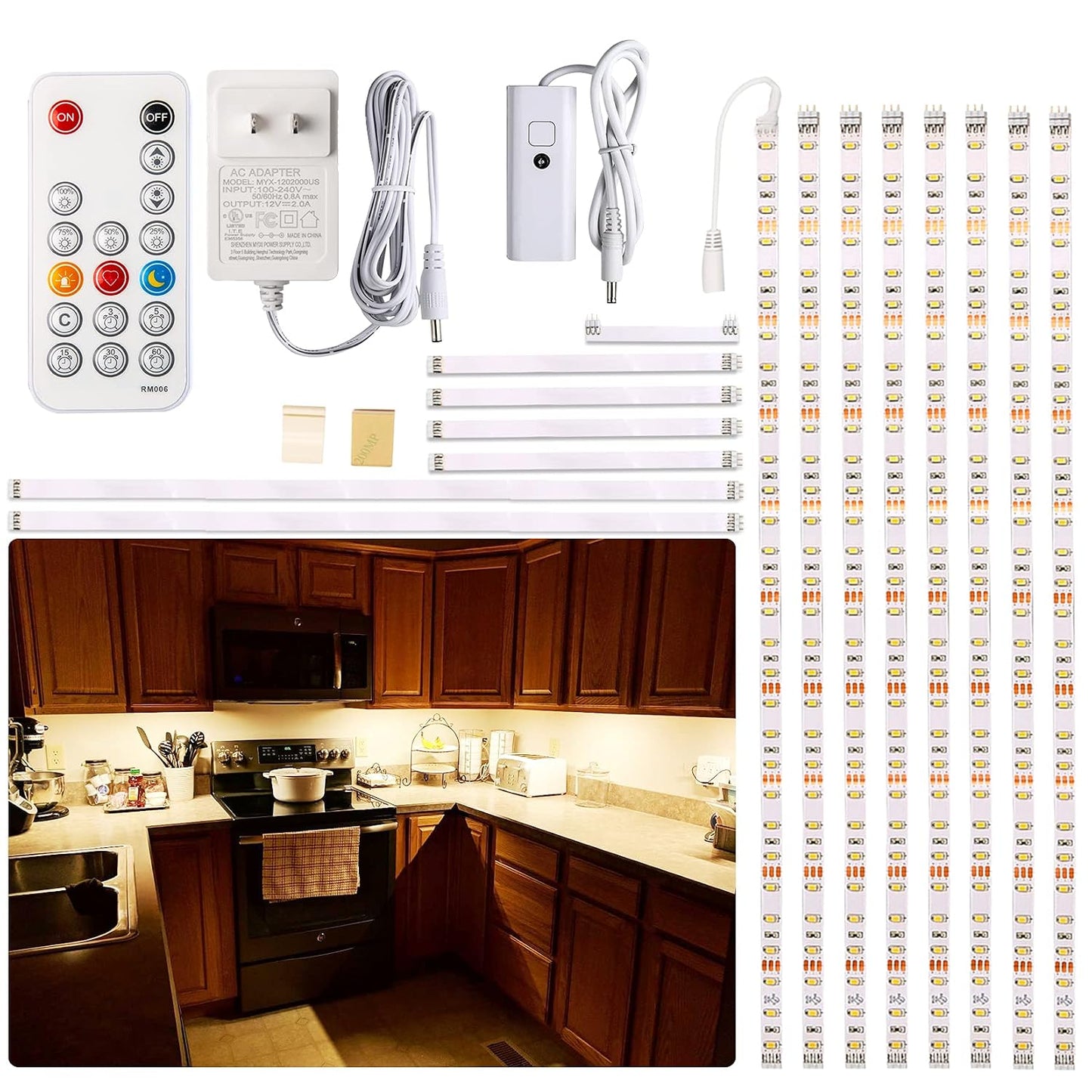 WOBANE 8PCS 20inch Under Cabinet Lighting with Remote,Warm White LED Light | Dimmable,24W Adapter,Ultra Bright 240-LED Light for Kitchen,Counter,Shelf,TV Back, Memory Function,Timing,1900lm,2700K,13ft