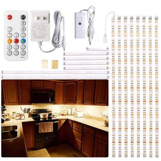 WOBANE 8PCS 20inch Under Cabinet Lighting with Remote,Warm White LED Light | Dimmable,24W Adapter,Ultra Bright 240-LED Light for Kitchen,Counter,Shelf,TV Back, Memory Function,Timing,1900lm,2700K,13ft