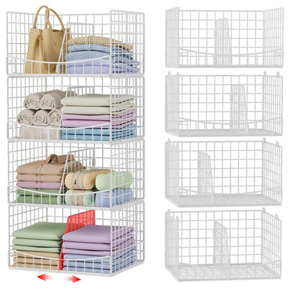 4-Tier Closet Organizers and Storage Basket with Divider, Foldable Closet Shelf Organizer System, Space-Saving Clothes Storage Drawer Organizer Bins for Wardrobe Cupboard, White