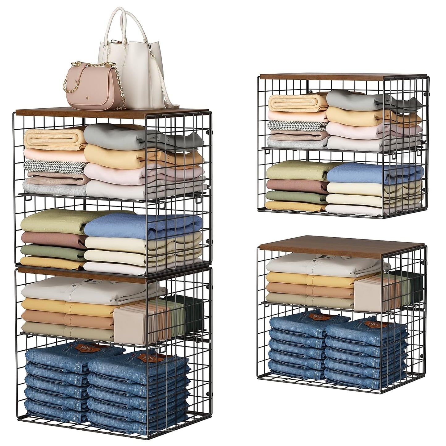 Huxitocan 4-Tier Stackable Closet Organizers and Storage Shelves, Closet Storage Basket with Wood Tops, Adjustable Height Dividers Closet Storage Bins for Home Closet Organizer System, Black