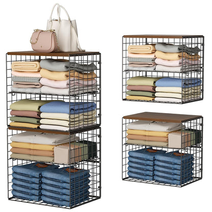 Huxitocan 4-Tier Stackable Closet Organizers and Storage Shelves, Closet Storage Basket with Wood Tops, Adjustable Height Dividers Closet Storage Bins for Home Closet Organizer System, Black