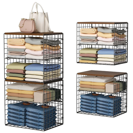Huxitocan 4-Tier Stackable Closet Organizers and Storage Shelves, Closet Storage Basket with Wood Tops, Adjustable Height Dividers Closet Storage Bins for Home Closet Organizer System, Black