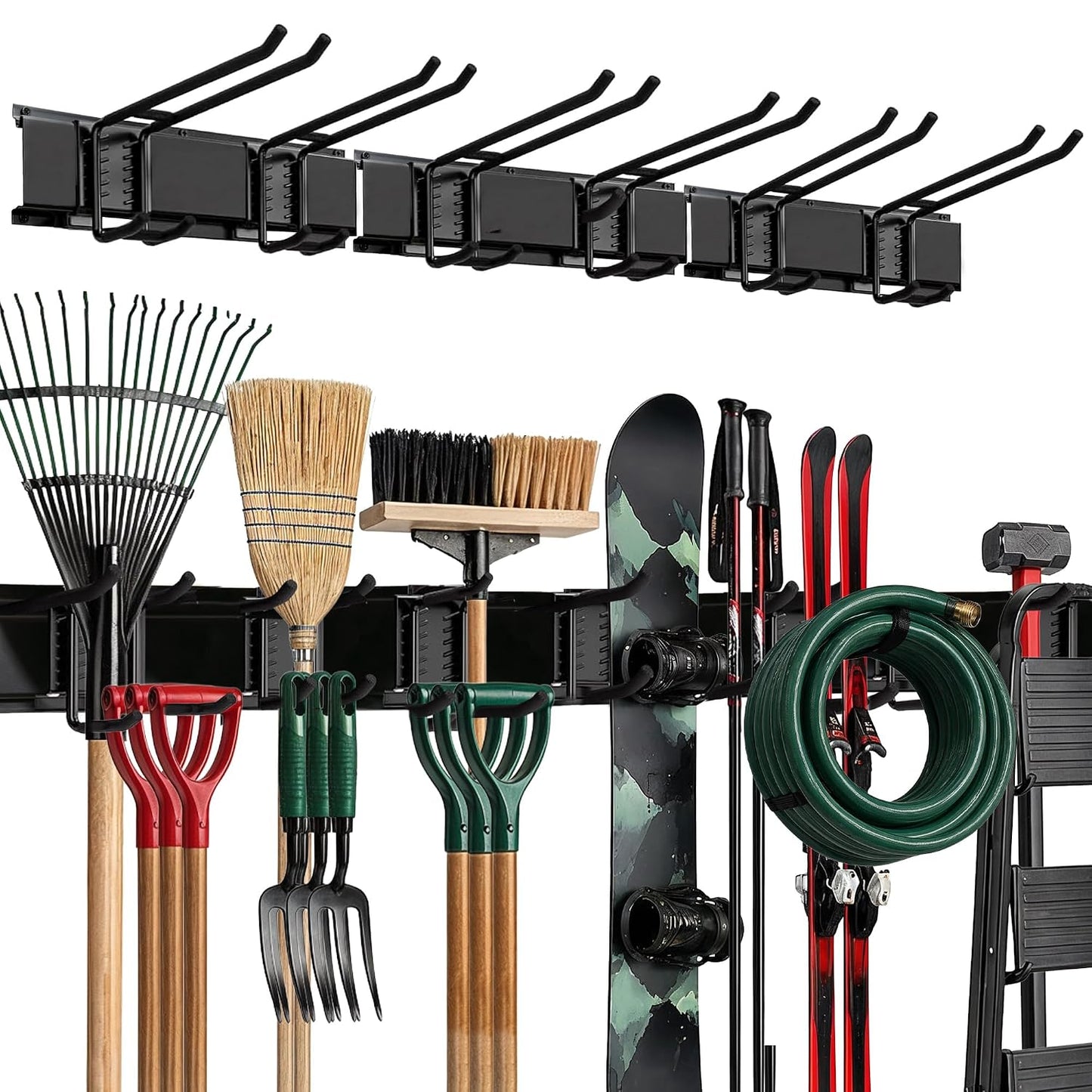Garage Wall Organizer, Shovel Holder Wall Mount, 48" Double Hooks | 300 lbs, adjustable double-layer tool hangers for garage wall, holds ladders, shovels, rakes, hoses & power tools