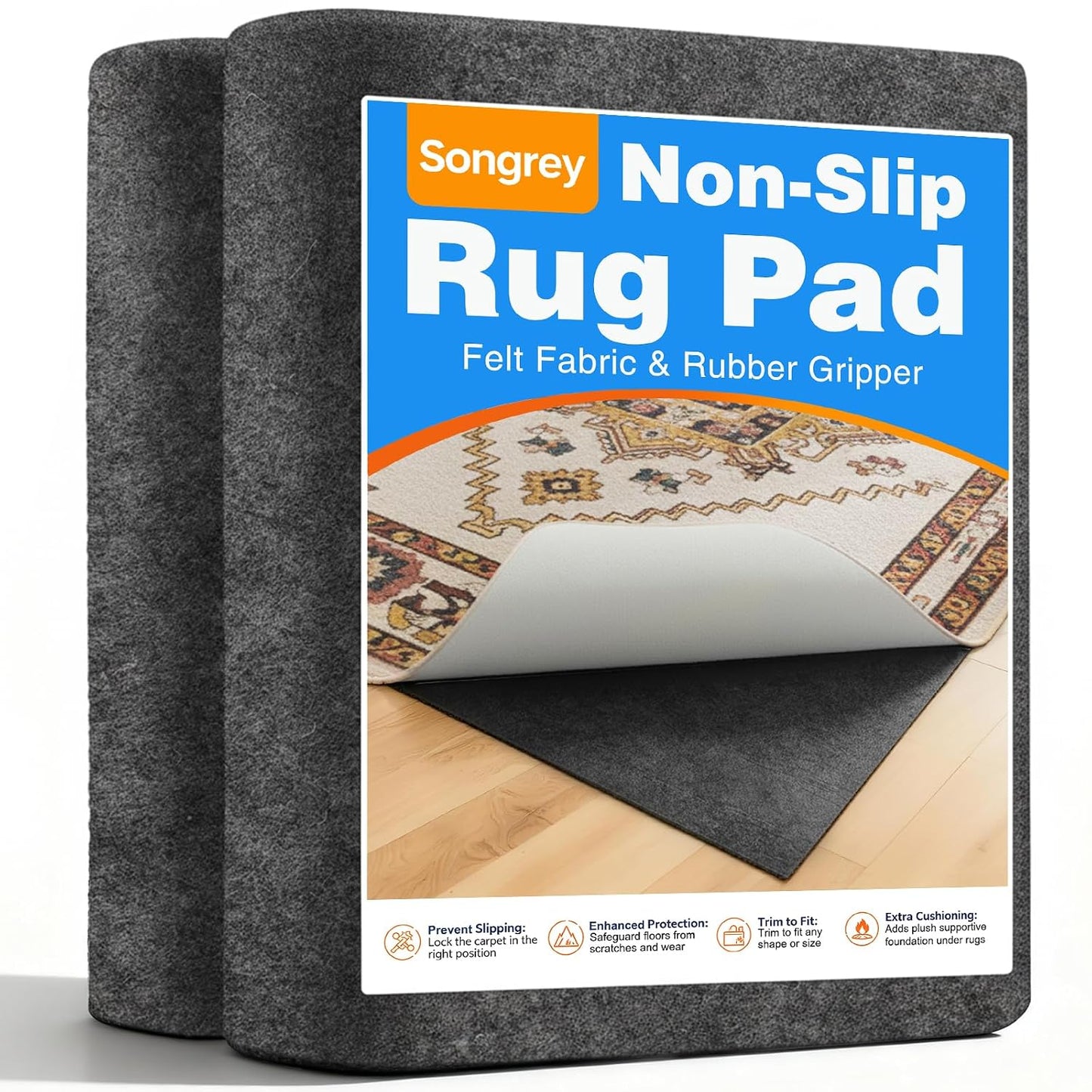 Songrey Thick Cushioned Non-Slip Rug Pad 8x10 Ft | Felt Fabric with Anti Skid Backing, Carpet Gripper for Hardwood Floors, Keeps Area Rugs in Place and Secure