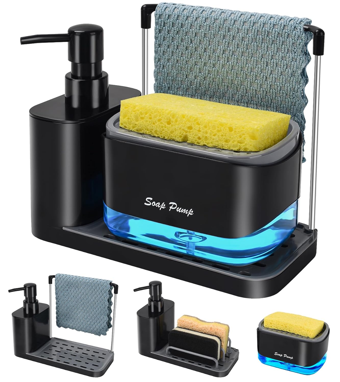Hand and Dish Soap Dispenser Set with Tray, Dual Soap Dispenser with Sponge Holder and Dishcloth Holder 5-in-1 Organizer for Kitchen Sink Countertop Storage Organize - Useful Kitchen Gadgets (Black)