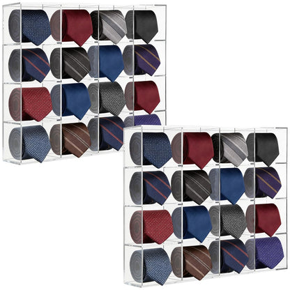 2 Pack Tie Box Organizer Wall Mounted Tie Rack Clear Acrylic with 16 Compartments, Tie Holder for Drawer Tie Organizer for Men Belt Scarf Necktie Storage for Closet and Home