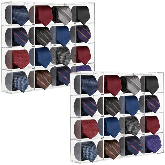 2 Pack Tie Box Organizer Wall Mounted Tie Rack Clear Acrylic with 16 Compartments, Tie Holder for Drawer Tie Organizer for Men Belt Scarf Necktie Storage for Closet and Home