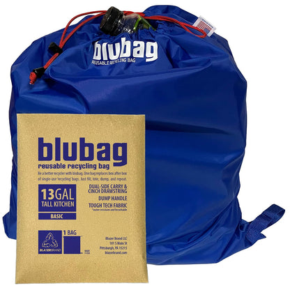 blubag Reusable Recycling Bag, 13-Gal Tall Kitchen, basic edition – Paracord Drawstring, Cinch Hardware, Dump Handle, 1-Pack