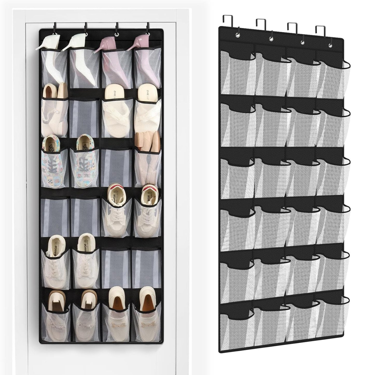 24 Large Pockets Over Door Shoe Organizer, Mesh Hanging Shoe Organizer for Closet Mesh Closet Holder, Back of Door Organizer for Cruise Ships, Rack for Wall, Black, 1 Pack