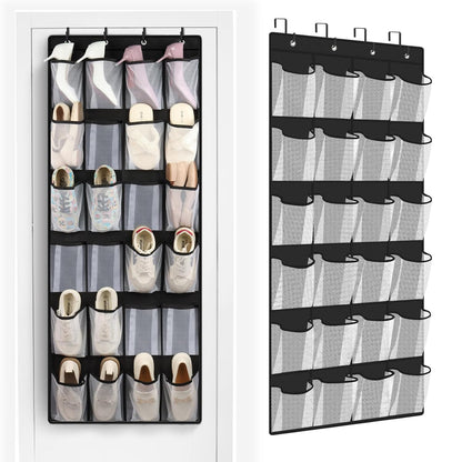 24 Large Pockets Over Door Shoe Organizer, Mesh Hanging Shoe Organizer for Closet Mesh Closet Holder, Back of Door Organizer for Cruise Ships, Rack for Wall, Black, 1 Pack