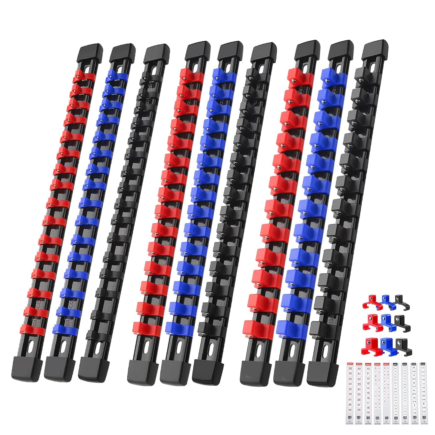 Reniteco 9-Pack Socket Organizer Set, 1/4" x 48 3/8" x 45 1/2" x 36 Clips | 129 Clip Capacity, Havy-Duty ABS Socket Rails, Removable Clips, Drive Socket Storage, Toolbox Drawer or Wall Mount