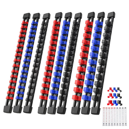 Reniteco 9-Pack Socket Organizer Set, 1/4" x 48 3/8" x 45 1/2" x 36 Clips | 129 Clip Capacity, Havy-Duty ABS Socket Rails, Removable Clips, Drive Socket Storage, Toolbox Drawer or Wall Mount