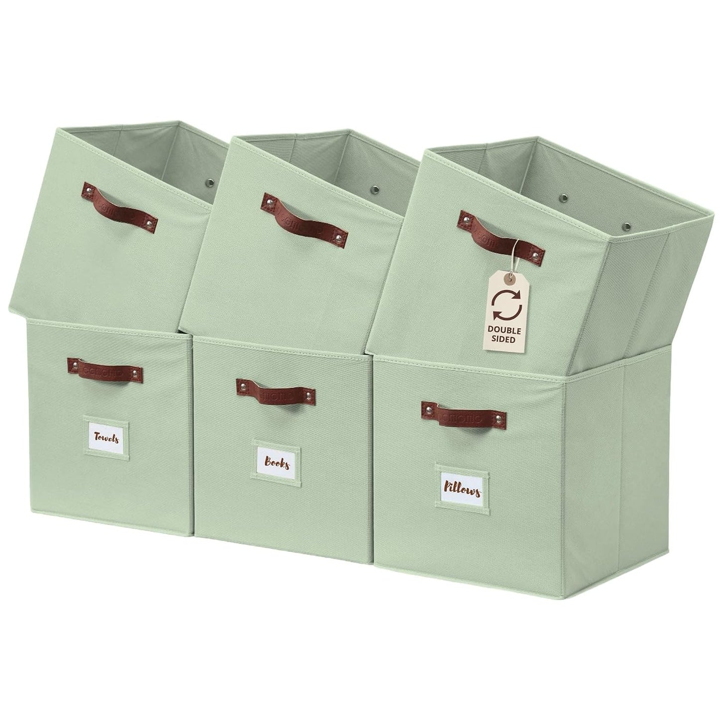 DECOMOMO Storage Bins, Cube Storage Bin with Labels | 10.5" x 11" Fabric Storage Cubes for Shelves (6pcs, Sage Green)