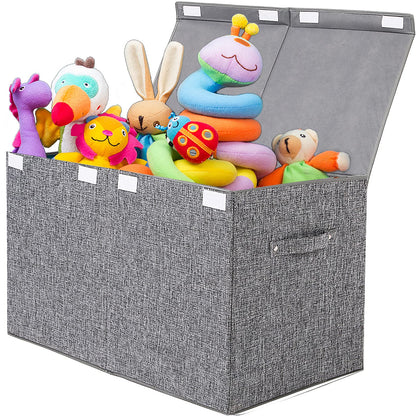 Large Toy Box Storage with Lid, Collapsible Sturdy Toy Chest Storage Bin | Toy Storage with Rivets Handles for Kids, Boys, Girls, Nursery, Playroom, Living Room, Bedroom, 25"x 13" x 16" (Linen Gray)