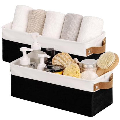 StorageWorks Narrow Storage Bins, Small Basket for Closet and Shelves, Fabric Organizer with Handles, Toilet Paper Storage, Black and White, 2-Pack