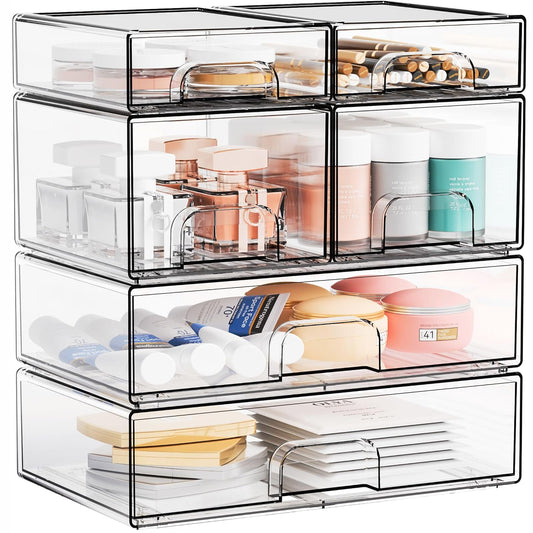 Clear Stackable Storage Drawers - Set of 6 - Acrylic Drawers,Bathroom Organizer Bin and Plastic Makeup Organizer,Clear Stacking Brightroom Storage Boxes for Vanity,Cabinet,Pantry Organization