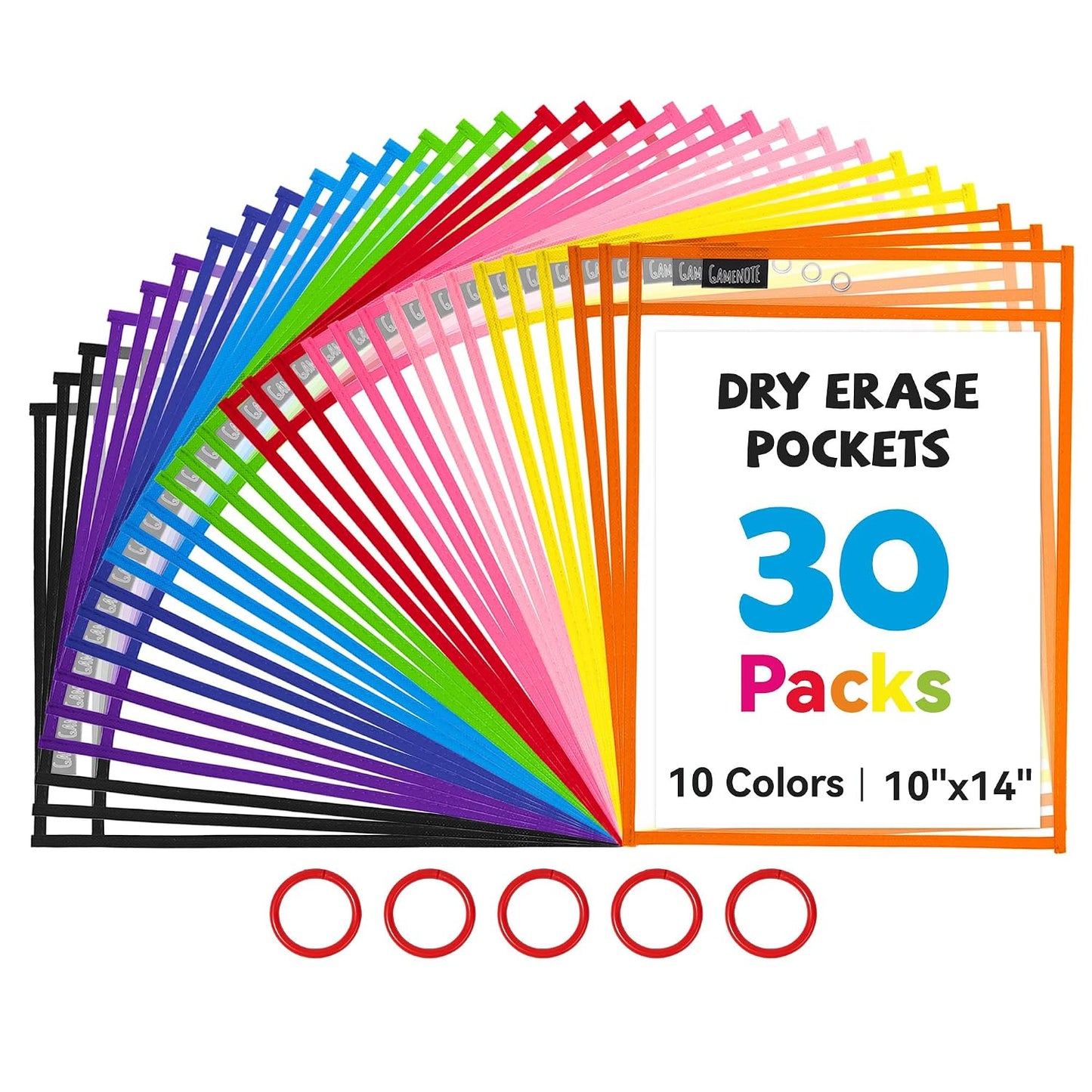 GAMENOTE 30 Pack Dry Erase Pockets, 10x14 Reusable Sleeves, 10 Colors | 30 reusable PVC pockets hold 8.5 x 11 and 9 x 12 sheets; double sided wipe clean surfaces, pen loops, eyelets, and 5 rings