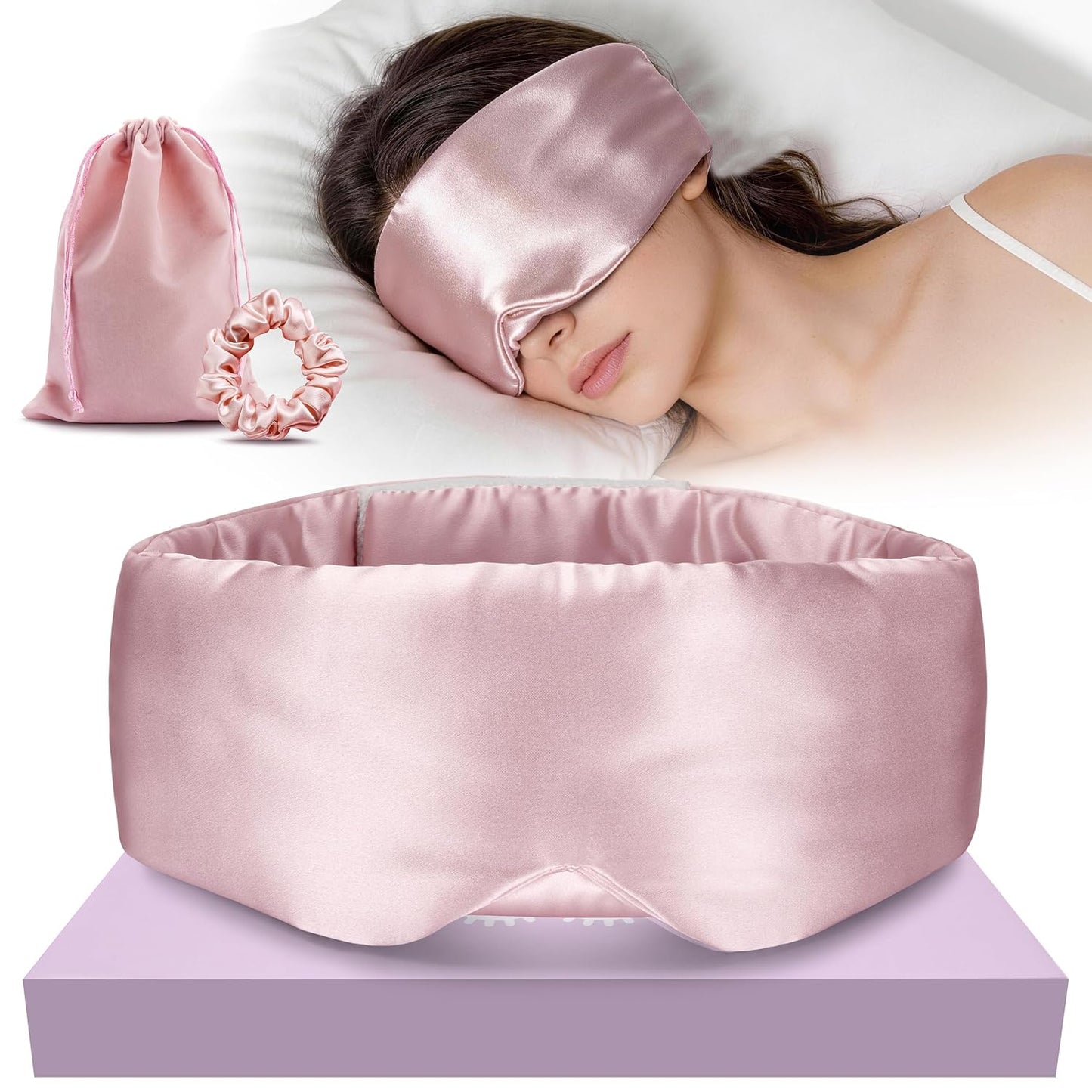 Silk Sleep Mask 22 Momme 100% Mulberry Silk & 3.5cm Silk Hairband Set for Side Sleeper Women Men,Light Blocking Nose Pad, Adjustable Silent Strap,Eye Mask fo Home & Travel Use (Pink)