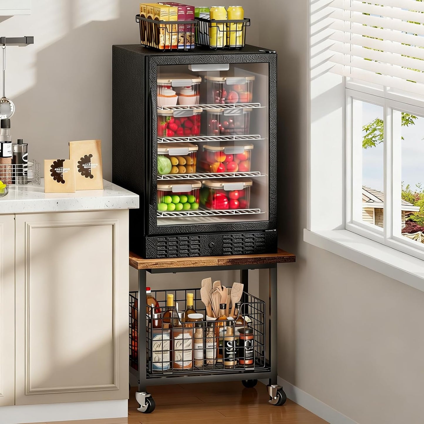 Mini Fridge Stand with Storage Small Refrigerator Stand with Wheels Mini Fridge Cart | Printer Stand Utility Cart Max Load 300 LBS, Dorm, Apartment, Kitchen, Office