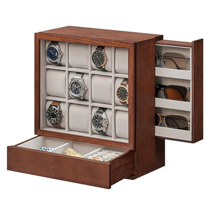 SONGMICS Watch Box 12-Slot Watch Display Case with Window | Solid Wood Veneer, Velvet Lining, Vertical Storage, Space Saving, Gift Idea, Coffee Brown, UJOW014K01