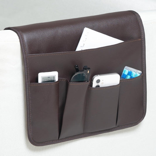 PU Leather Sofa Armrest Organizer, Armchair Magazine Holders, Waterproof Remote Holder for Recliner Couch with 1 Large Pocket, 4 Small Pockets for Magazine, Remote, Phone, Ipad, Books (brown)