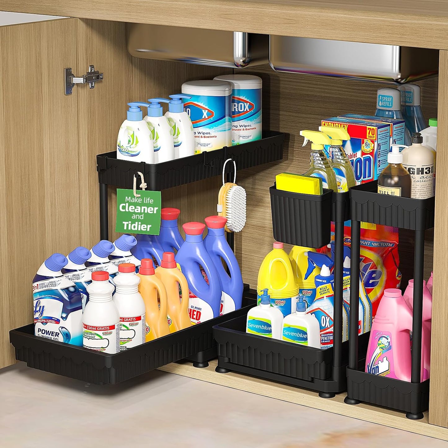 3-Pack 2-Tier L-Shaped Under Sink Organizers with Sliding Drawers | Multi-use kitchen & bathroom storage, 12.85 inch black cabinet organizer, space-saving sliding drawer design.