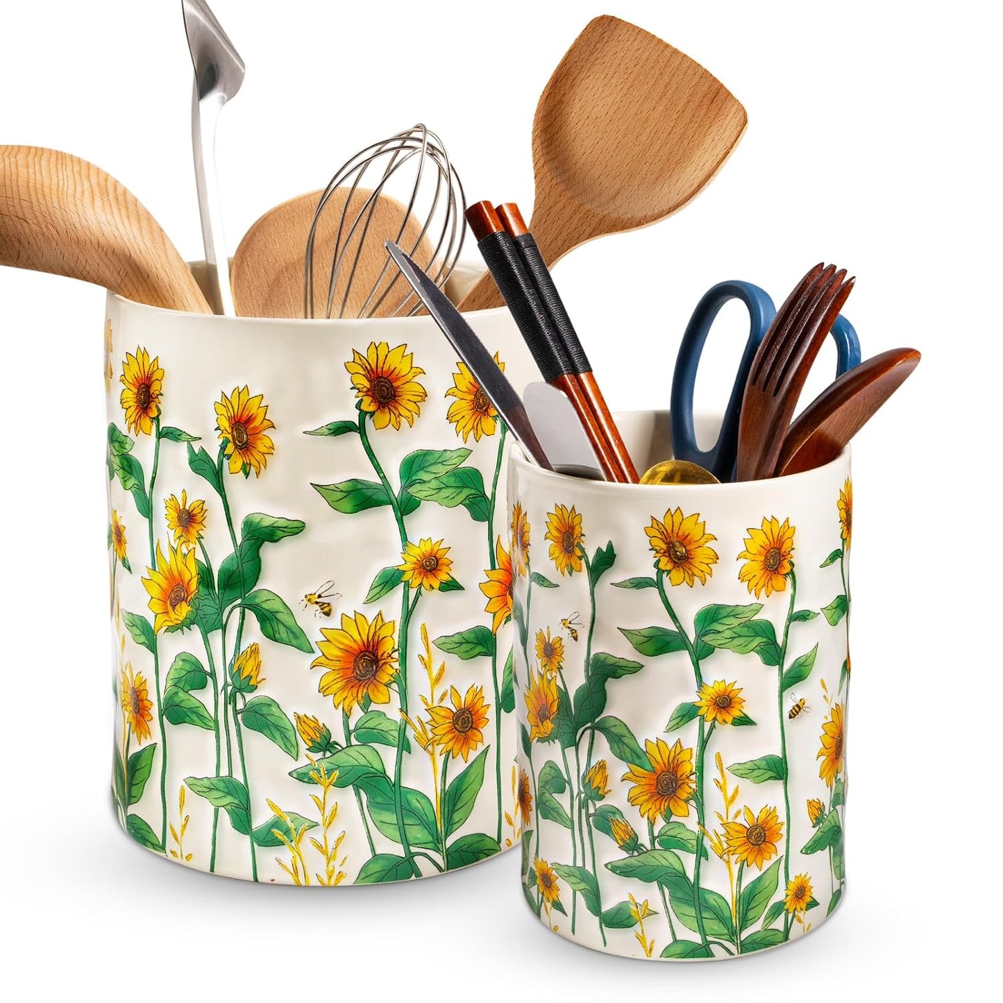 Sunflower Utensil Holder, 7.1"+5.4" Ceramic Utensi... (Yellow | Ceramic)
