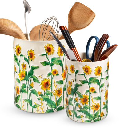 Sunflower Utensil Holder, 7.1"+5.4" Ceramic Utensi... (Yellow | Ceramic)