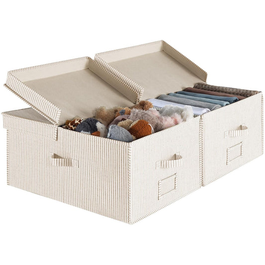 StorageWorks Extra Large Storage Bins with Lids, 55L Decorative Organizer with Divider Board, Fabric Boxes with Handles, Khaki and Beige Stripes, 2-Pack