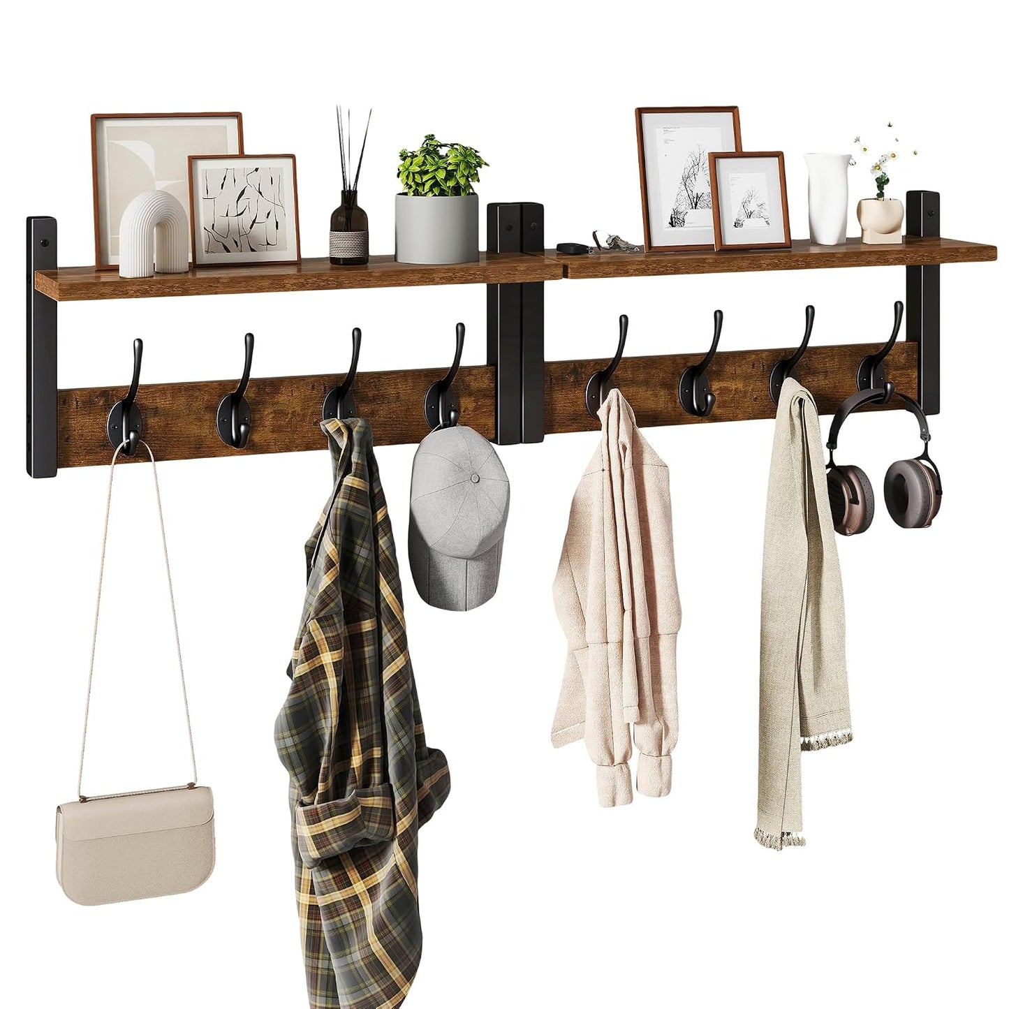 YMYNY Coat Rack Wall Mount with Shelf and Hooks, Rustic Brown UHWS001H-2 | 2 Pack Wooden Wall Mounted Coat Hanger with Shelf and 8 Double Hooks, Wall Coat Rack for Entryway Hallway Bedroom Bathroom
