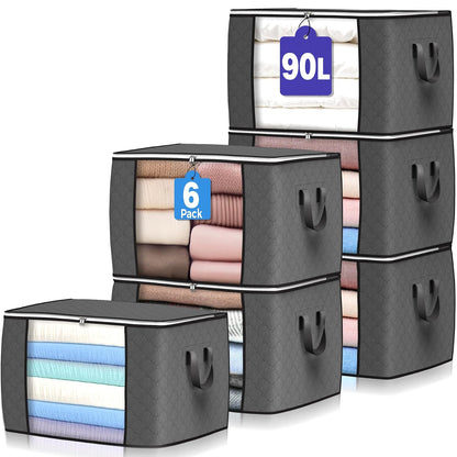 90L Large Storage Bags, 6 Pack Clothes Storage Bins Closet Organizers | Foldable Storage Containers, with Reinforced Handle, for Clothing, Blanket, Comforters, Bed Sheets, Pillows and Toys,Gray